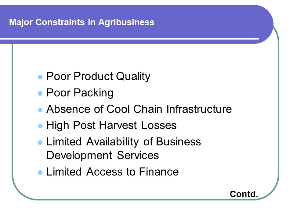 Major Constraints in Agribusiness Poor Product Quality Poor Packing Absence of Cool Chain Infrastructure High Post Harvest Losses Limited Availability of Business Development Services Limited Access to Finance Contd.