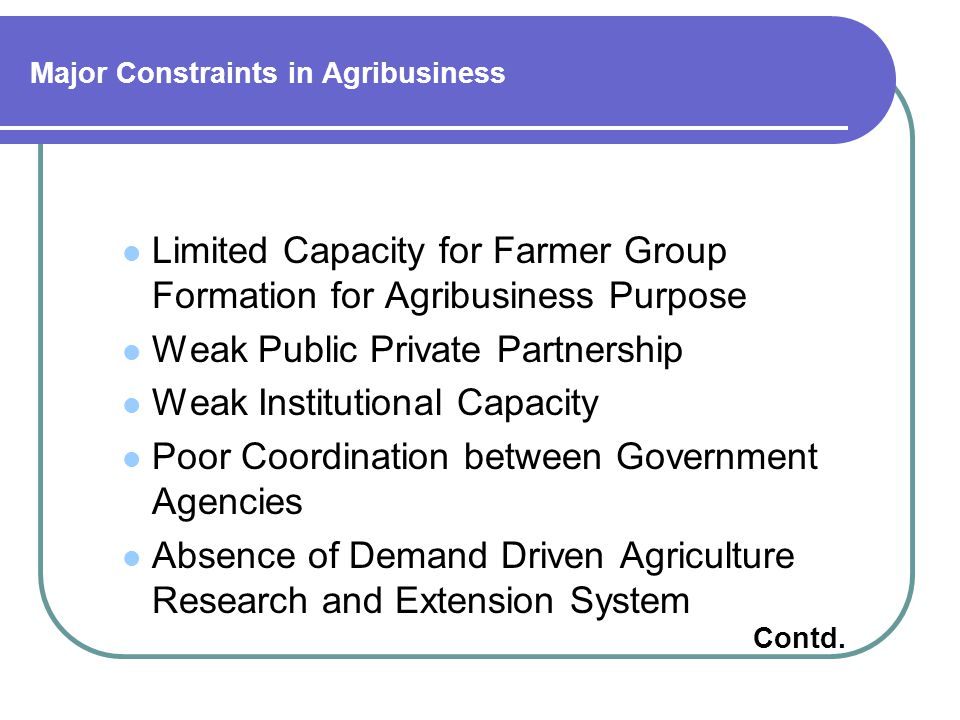 Major Constraints in Agribusiness Limited Capacity for Farmer Group Formation for Agribusiness Purpose Weak Public Private Partnership Weak Institutional Capacity Poor Coordination between Government Agencies Absence of Demand Driven Agriculture Research and Extension System Contd.