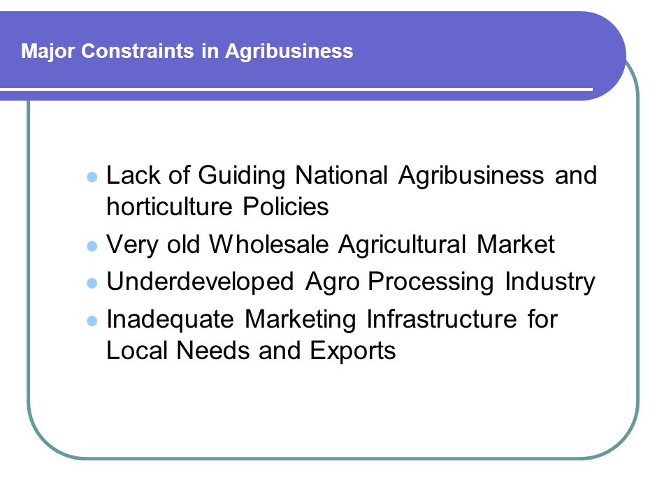 Major Constraints in Agribusiness Lack of Guiding National Agribusiness and horticulture Policies Very old Wholesale Agricultural Market Underdeveloped Agro Processing Industry Inadequate Marketing Infrastructure for Local Needs and Exports