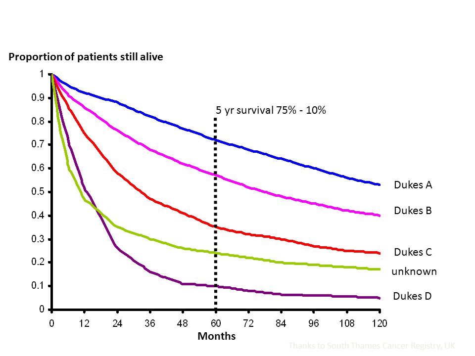 Dukes A Dukes B Dukes C unknown Dukes D Thanks to South Thames Cancer Registry, UK 5 yr survival 75% - 10% Months Proportion of patients still alive