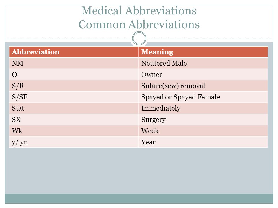 Medical Abbreviations Common Abbreviations AbbreviationMeaning NMNeutered M...