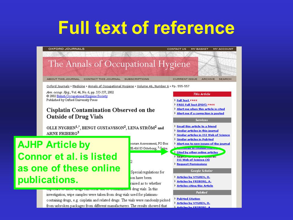 Full text of reference AJHP Article by Connor et al. is listed as one of these online publications.