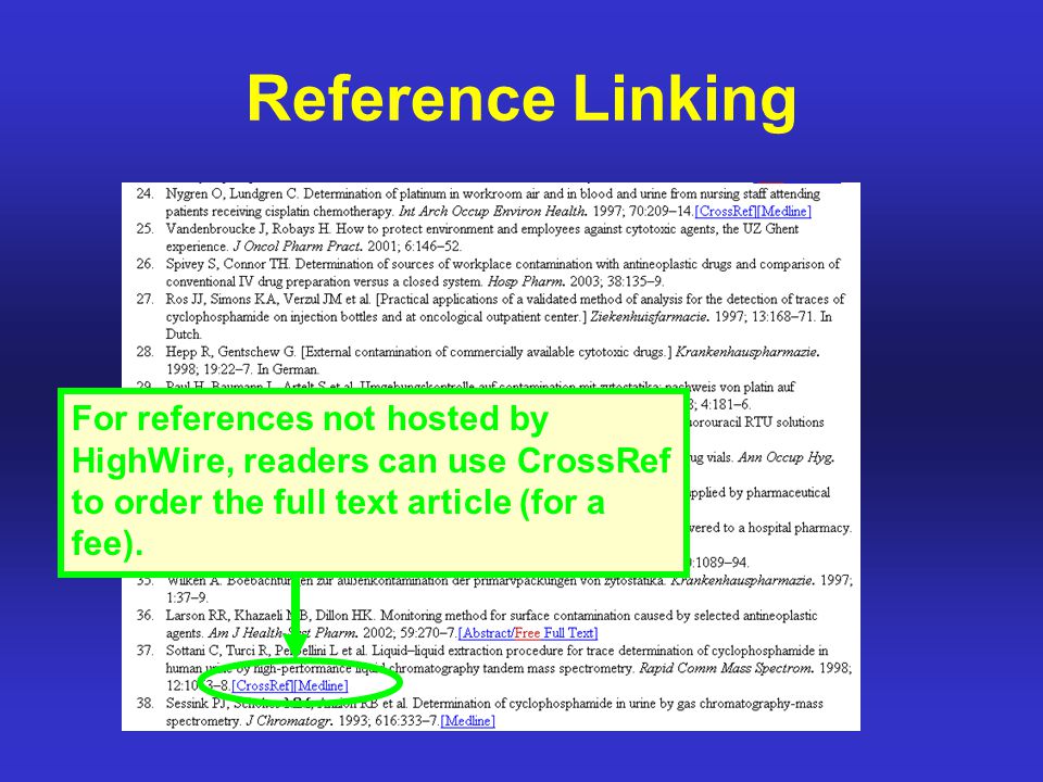 Reference Linking For references not hosted by HighWire, readers can use CrossRef to order the full text article (for a fee).