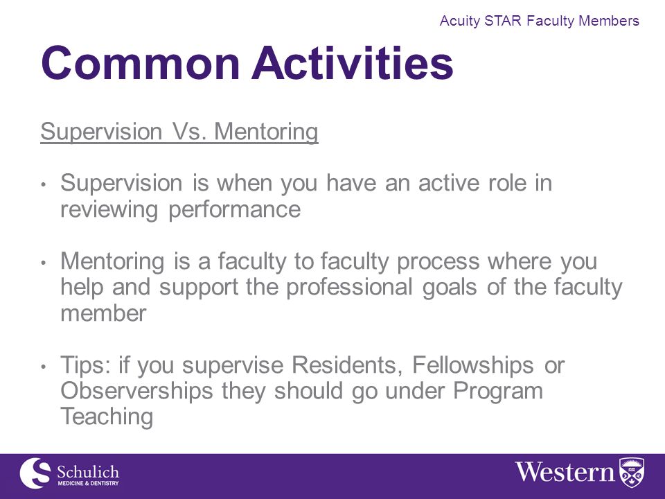 Acuity STAR Faculty Members Common Activities Supervision Vs.