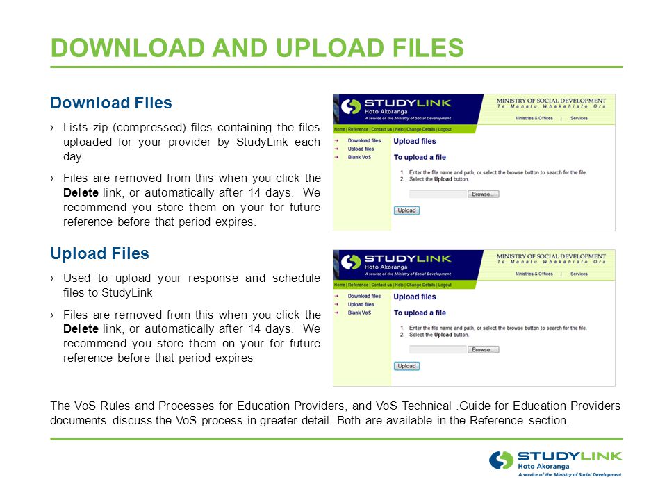 DOWNLOAD AND UPLOAD FILES Download Files ›Lists zip (compressed) files containing the files uploaded for your provider by StudyLink each day.