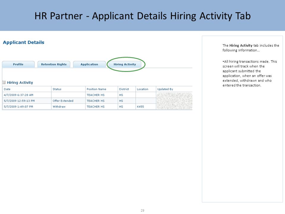 HR Partner - Applicant Details Hiring Activity Tab The Hiring Activity tab includes the following information… All hiring transactions made.