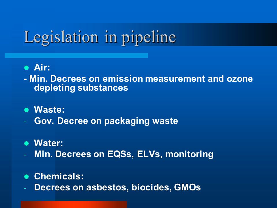 Legislation in pipeline Air: - Min.