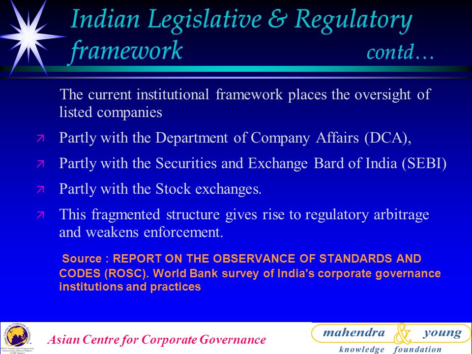 Asian Centre for Corporate Governance Indian Legislative & Regulatory framework contd… The current institutional framework places the oversight of listed companies ä Partly with the Department of Company Affairs (DCA), ä Partly with the Securities and Exchange Bard of India (SEBI) ä Partly with the Stock exchanges.