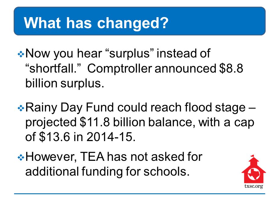  Now you hear surplus instead of shortfall. Comptroller announced $8.8 billion surplus.