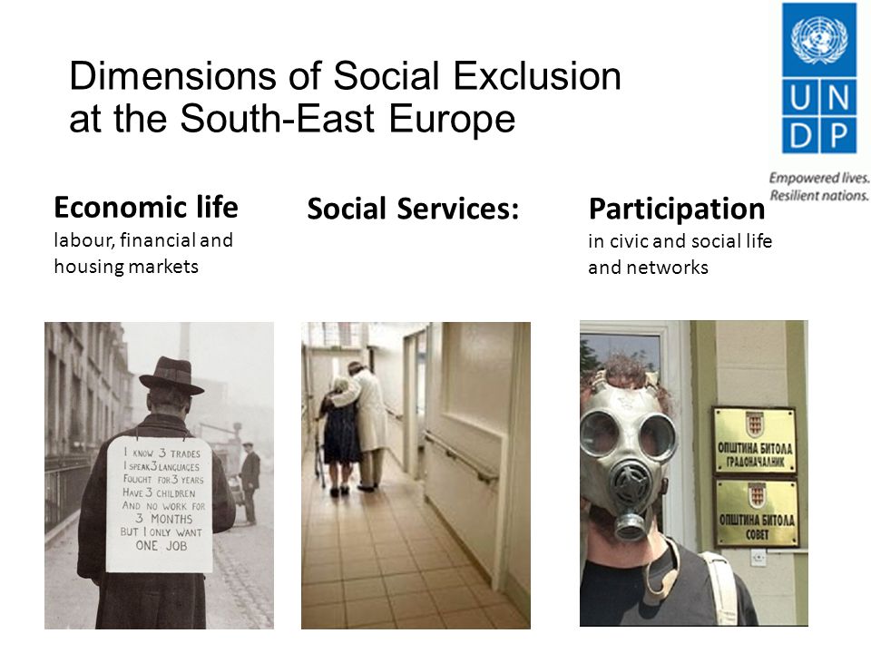 Dimensions of Social Exclusion at the South-East Europe Economic life labour, financial and housing markets Social Services:Participation in civic and social life and networks