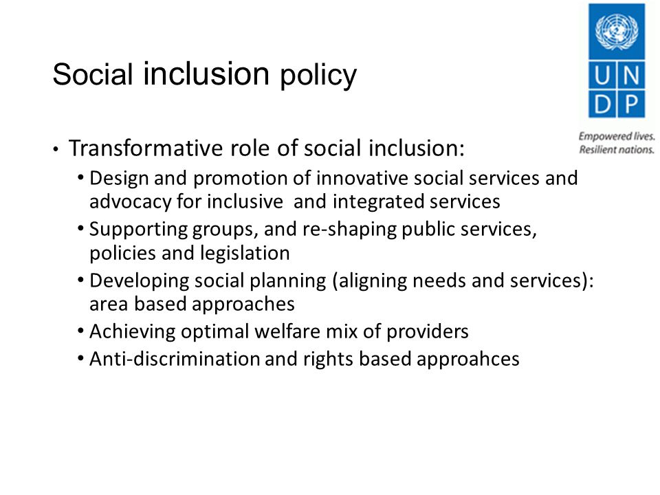 Social inclusion policy Transformative role of social inclusion: Design and promotion of innovative social services and advocacy for inclusive and integrated services Supporting groups, and re-shaping public services, policies and legislation Developing social planning (aligning needs and services): area based approaches Achieving optimal welfare mix of providers Anti-discrimination and rights based approahces