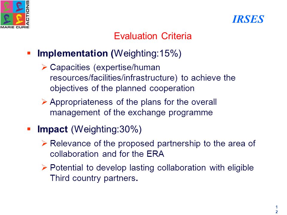 1212 Evaluation Criteria  Implementation (Weighting:15%)  Capacities (expertise/human resources/facilities/infrastructure) to achieve the objectives of the planned cooperation  Appropriateness of the plans for the overall management of the exchange programme  Impact (Weighting:30%)  Relevance of the proposed partnership to the area of collaboration and for the ERA  Potential to develop lasting collaboration with eligible Third country partners.