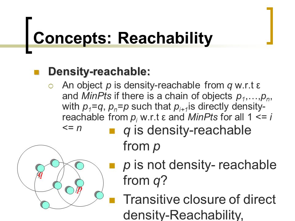 Concepts: Reachability Density-reachable: Density-reachable:  An object p is density-reachable from q w.r.t ε and MinPts if there is a chain of objects p 1,…,p n, with p 1 =q, p n =p such that p i+1 is directly density- reachable from p i w.r.t ε and MinPts for all 1 <= i <= n p p q is density-reachable from p p is not density- reachable from q.
