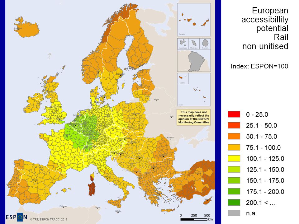 European accessibillity potential Rail non-unitised Index: ESPON=100