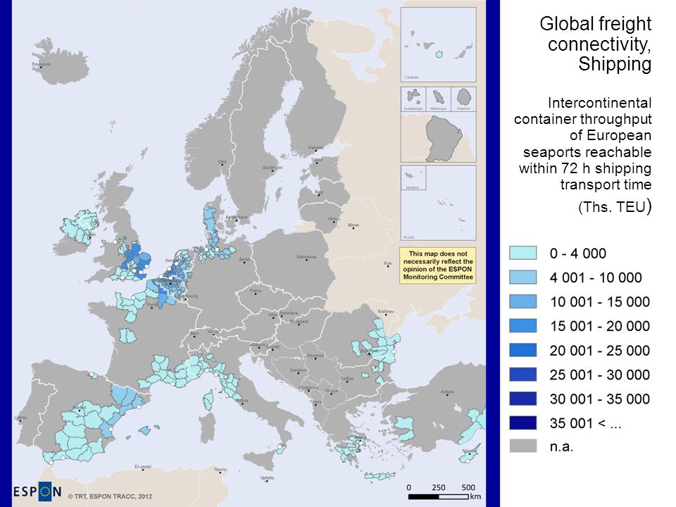 Global freight connectivity, Shipping Intercontinental container throughput of European seaports reachable within 72 h shipping transport time (Ths.