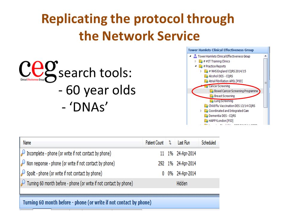 search tools: - 60 year olds - ‘DNAs’ Replicating the protocol through the Network Service