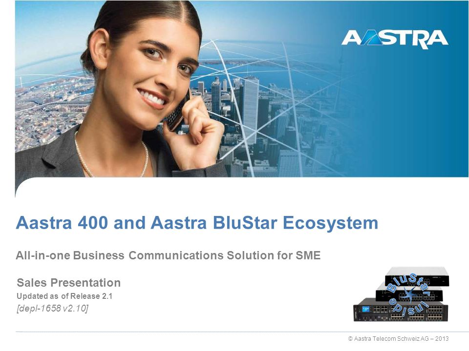 © Aastra Telecom Schweiz AG – 2013 Sales Presentation Updated as of Release 2.1 [depl-1658 v2.10] All-in-one Business Communications Solution for SME Aastra 400 and Aastra BluStar Ecosystem