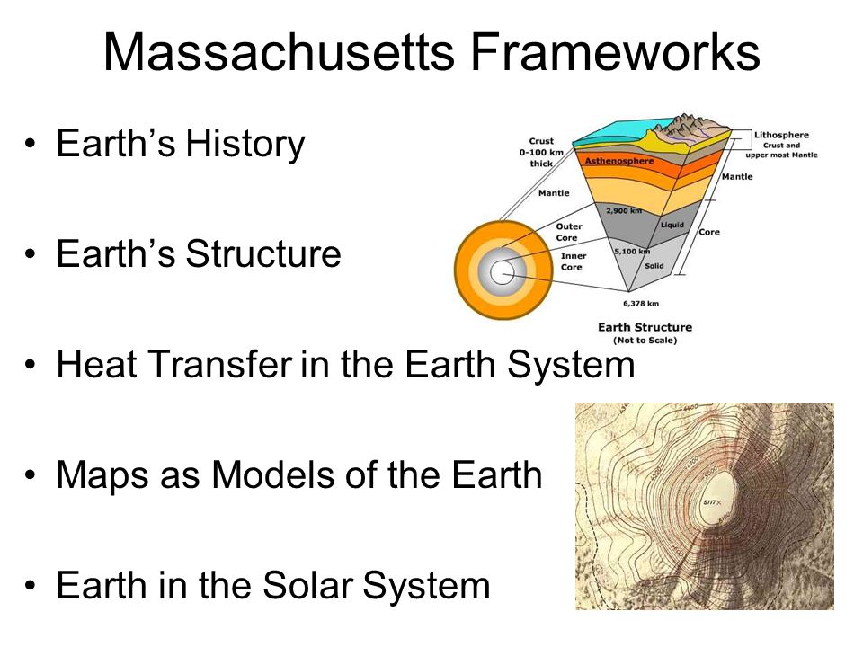 Massachusetts Frameworks Earth’s History Earth’s Structure Heat Transfer in the Earth System Maps as Models of the Earth Earth in the Solar System