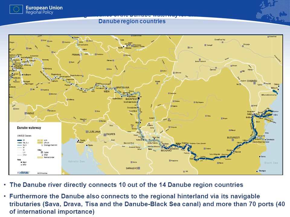 10 The significance of the Danube waterway for the Danube region countries The Danube river directly connects 10 out of the 14 Danube region countries Furthermore the Danube also connects to the regional hinterland via its navigable tributaries (Sava, Drava, Tisa and the Danube-Black Sea canal) and more than 70 ports (40 of international importance)