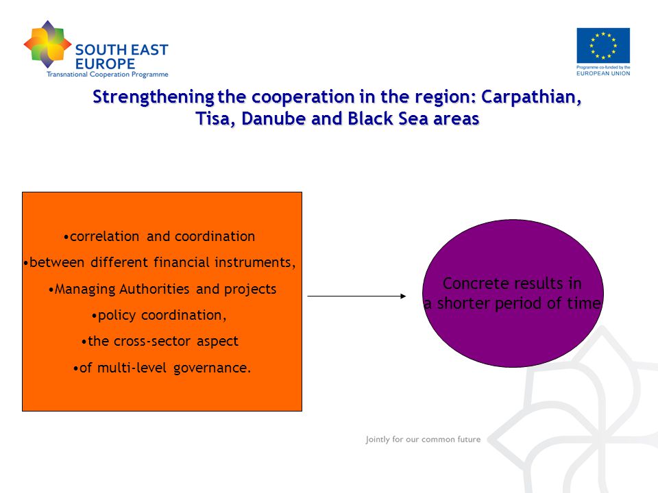 Strengthening the cooperation in the region: Carpathian, Tisa, Danube and Black Sea areas correlation and coordination between different financial instruments, Managing Authorities and projects policy coordination, the cross-sector aspect of multi-level governance.