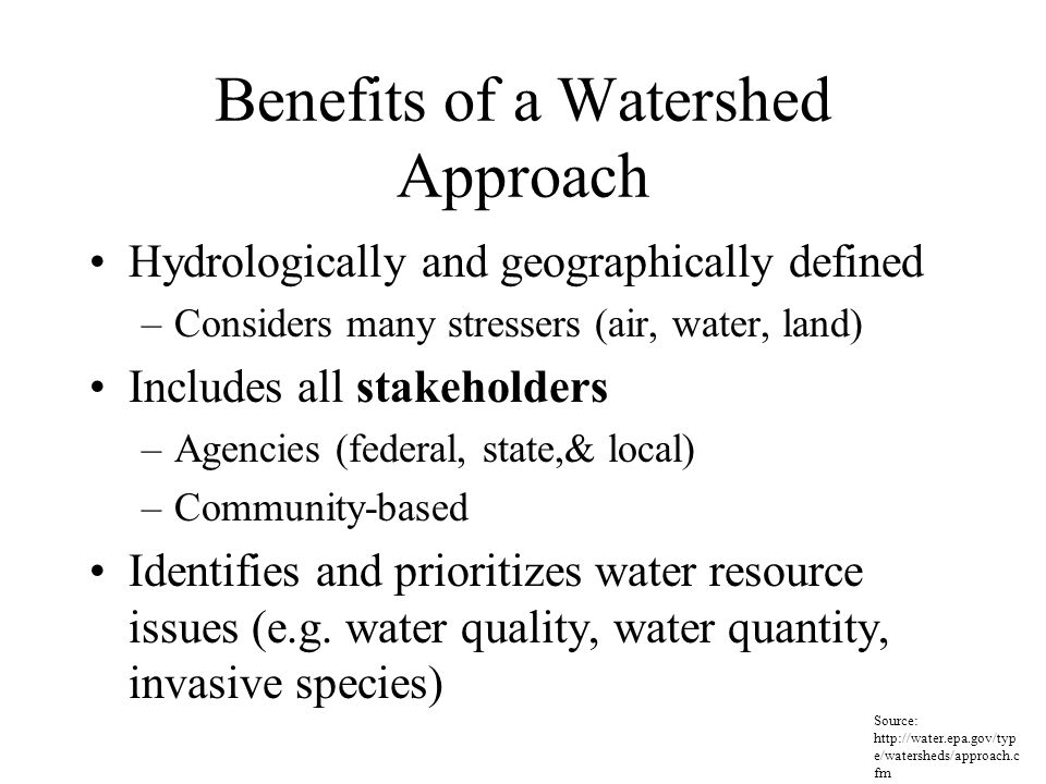 Benefits of a Watershed Approach Hydrologically and geographically defined –Considers many stressers (air, water, land) Includes all stakeholders –Agencies (federal, state,& local) –Community-based Identifies and prioritizes water resource issues (e.g.