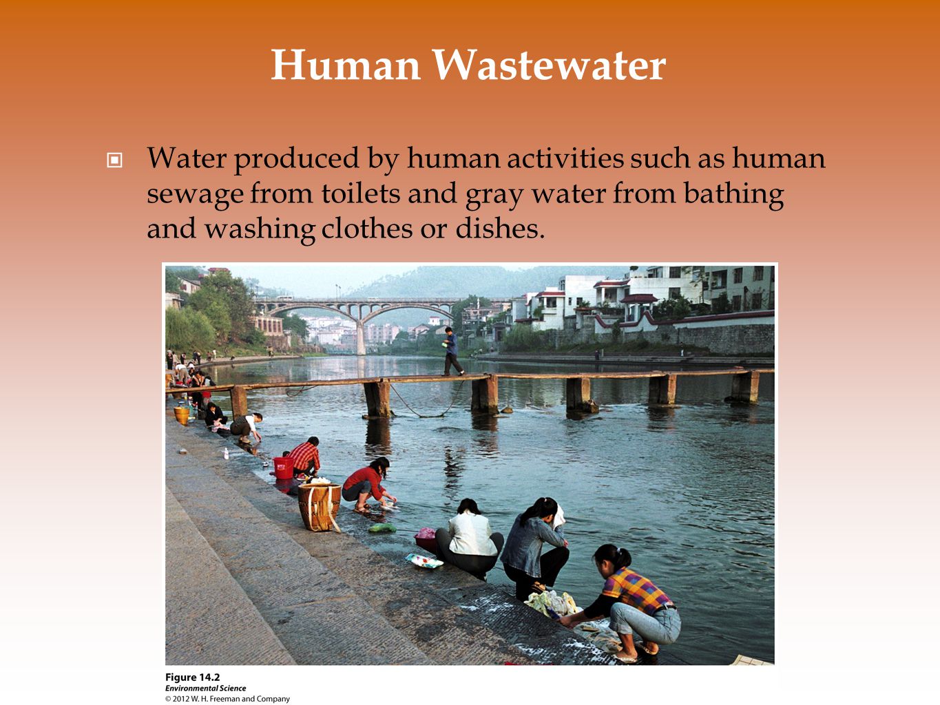 Human Wastewater Water produced by human activities such as human sewage from toilets and gray water from bathing and washing clothes or dishes.