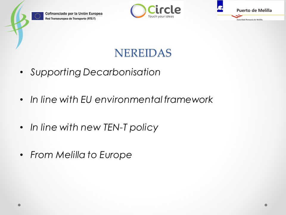 Supporting Decarbonisation In line with EU environmental framework In line with new TEN-T policy From Melilla to Europe NEREIDAS
