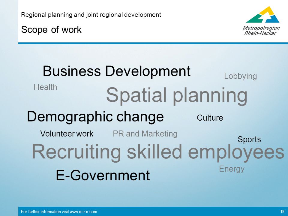 For further information visit   18 Scope of work Regional planning and joint regional development E-Government Volunteer work Culture Energy Lobbying Demographic change Business Development Sports PR and Marketing Recruiting skilled employees Spatial planning Health