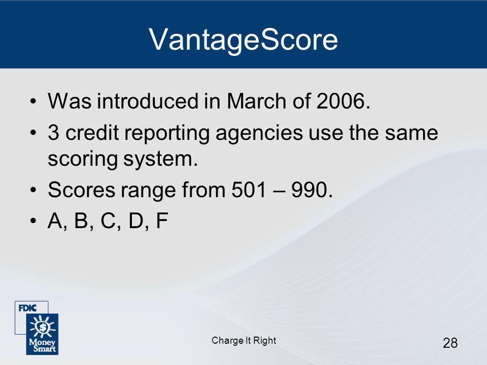 Charge It Right 28 VantageScore Was introduced in March of 2006.