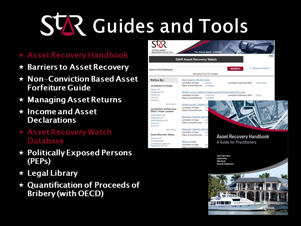 Guides and Tools  Asset Recovery Handbook  Barriers to Asset Recovery  Non-Conviction Based Asset Forfeiture Guide  Managing Asset Returns  Income and Asset Declarations  Asset Recovery Watch Database  Politically Exposed Persons (PEPs)  Legal Library  Quantification of Proceeds of Bribery (with OECD)
