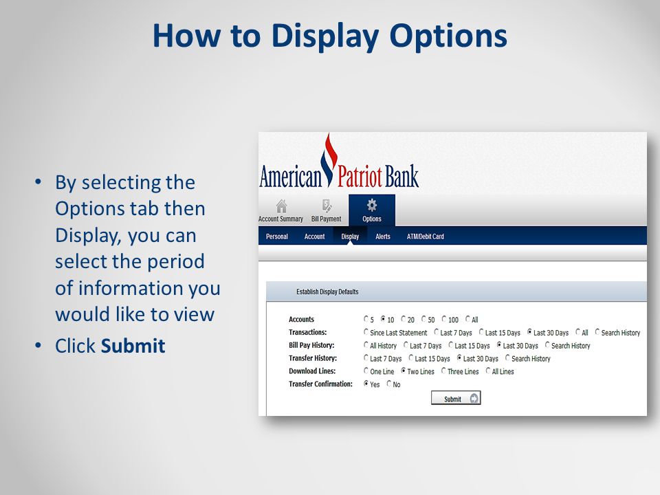 How to Display Options By selecting the Options tab then Display, you can select the period of information you would like to view Click Submit