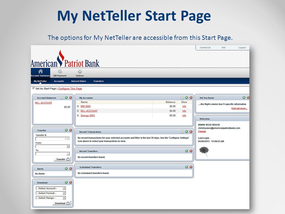 My NetTeller Start Page The options for My NetTeller are accessible from this Start Page.