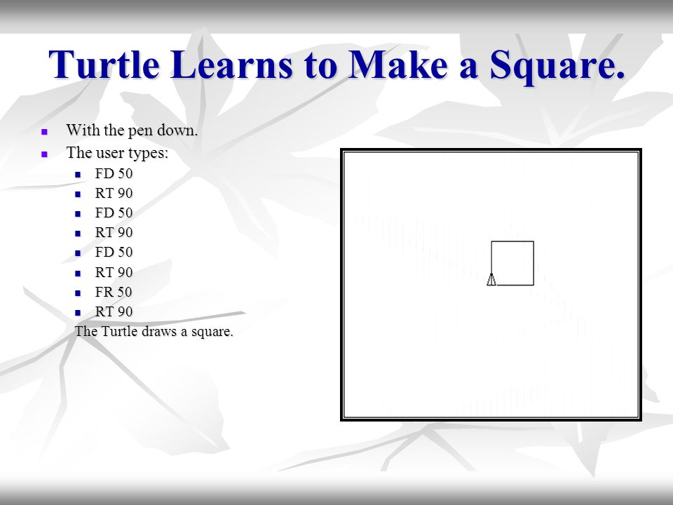 Turtle Learns to Make a Square. With the pen down.
