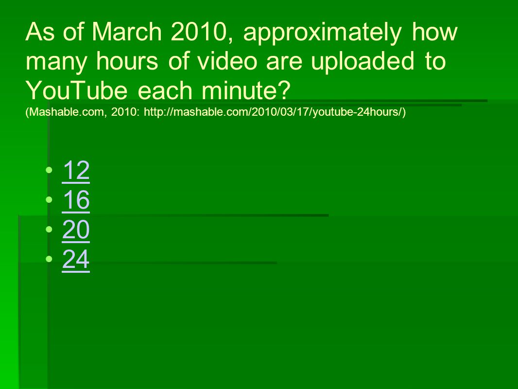 As of March 2010, approximately how many hours of video are uploaded to YouTube each minute.