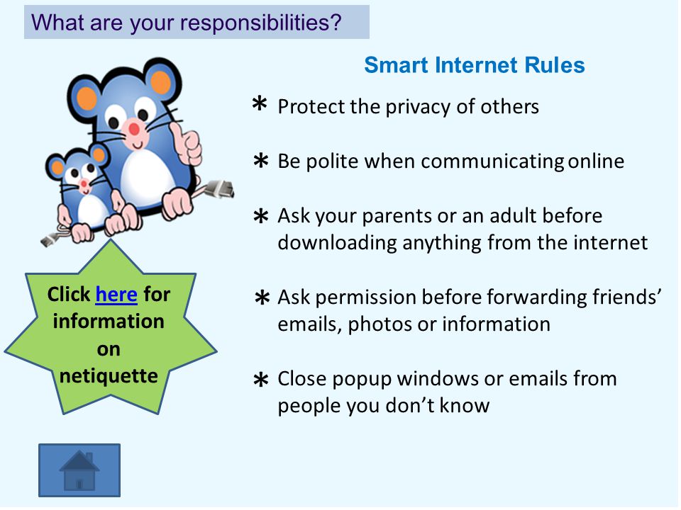Smart Internet Rules Protect the privacy of others Be polite when communicating online Ask your parents or an adult before downloading anything from the internet Ask permission before forwarding friends’  s, photos or information Close popup windows or  s from people you don’t know What are your responsibilities.