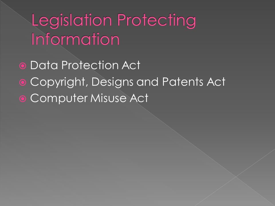  Data Protection Act  Copyright, Designs and Patents Act  Computer Misuse Act