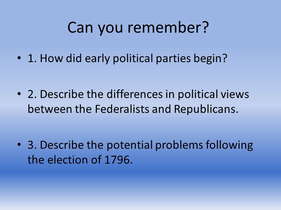 Can you remember. 1. How did early political parties begin.