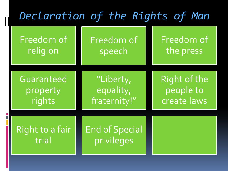 Declaration of the Rights of Man Freedom of religion Freedom of speech Freedom of the press Guaranteed property rights Liberty, equality, fraternity! Right of the people to create laws Right to a fair trial End of Special privileges