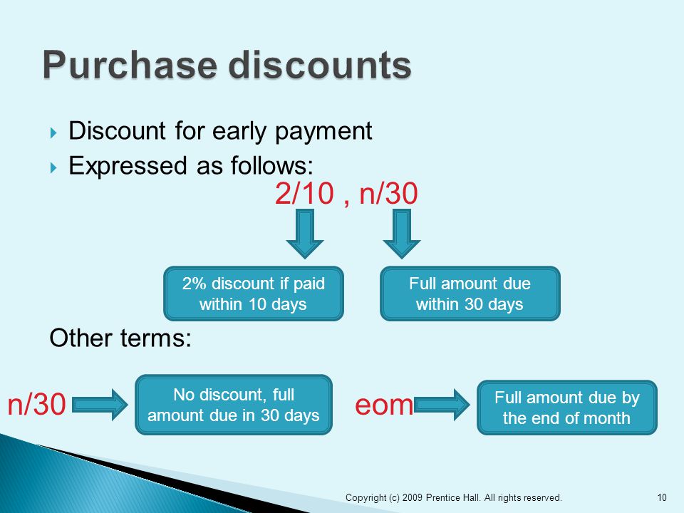  Discount for early payment  Expressed as follows: Other terms: 10Copyright (c) 2009 Prentice Hall.