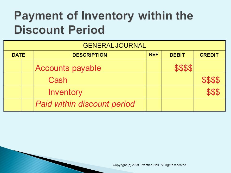 GENERAL JOURNAL DATEDESCRIPTION REF DEBITCREDIT 11 Accounts payable$$$$ Cash$$$$ Inventory$$$ Paid within discount period Copyright (c) 2009.