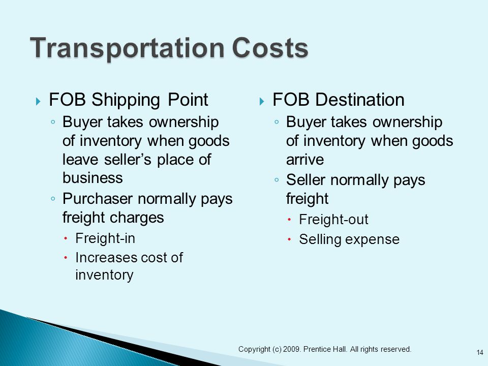  FOB Shipping Point ◦ Buyer takes ownership of inventory when goods leave seller’s place of business ◦ Purchaser normally pays freight charges  Freight-in  Increases cost of inventory  FOB Destination ◦ Buyer takes ownership of inventory when goods arrive ◦ Seller normally pays freight  Freight-out  Selling expense 14 Copyright (c) 2009.