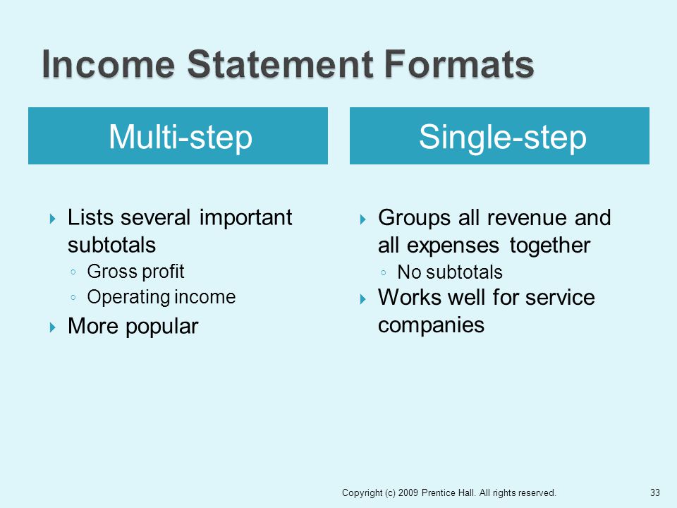 Multi-stepSingle-step  Lists several important subtotals ◦ Gross profit ◦ Operating income  More popular  Groups all revenue and all expenses together ◦ No subtotals  Works well for service companies Copyright (c) 2009 Prentice Hall.