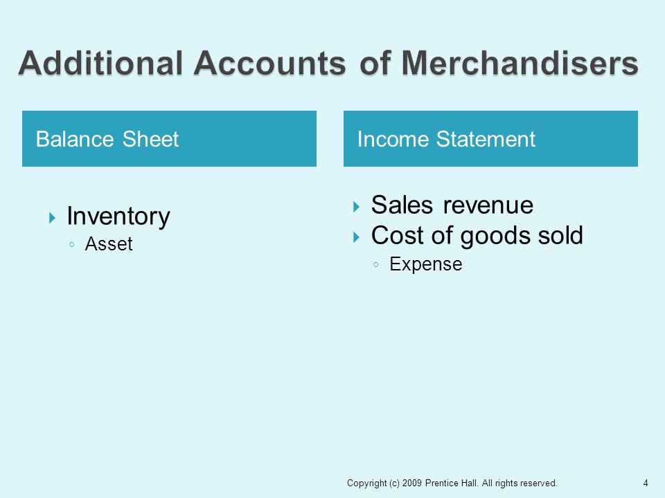 Balance SheetIncome Statement  Inventory ◦ Asset  Sales revenue  Cost of goods sold ◦ Expense Copyright (c) 2009 Prentice Hall.