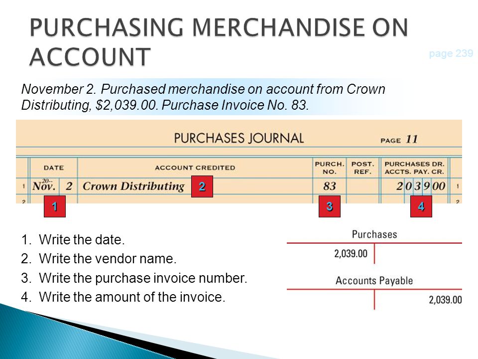 page 239 November 2. Purchased merchandise on account from Crown Distributing, $2,
