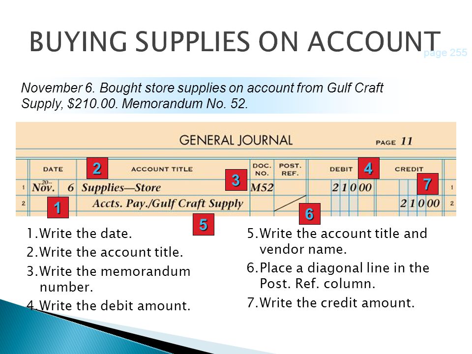 page 255 November 6. Bought store supplies on account from Gulf Craft Supply, $