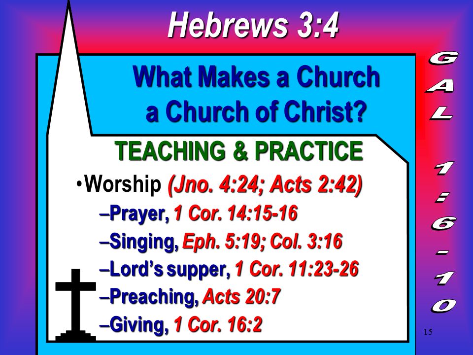 15 What Makes a Church a Church of Christ. TEACHING & PRACTICE Worship (Jno.