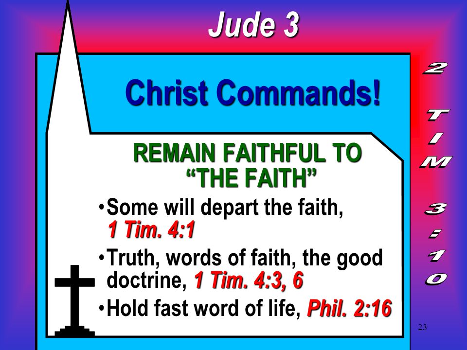 23 Christ Commands. REMAIN FAITHFUL TO THE FAITH Some will depart the faith, 1 Tim.