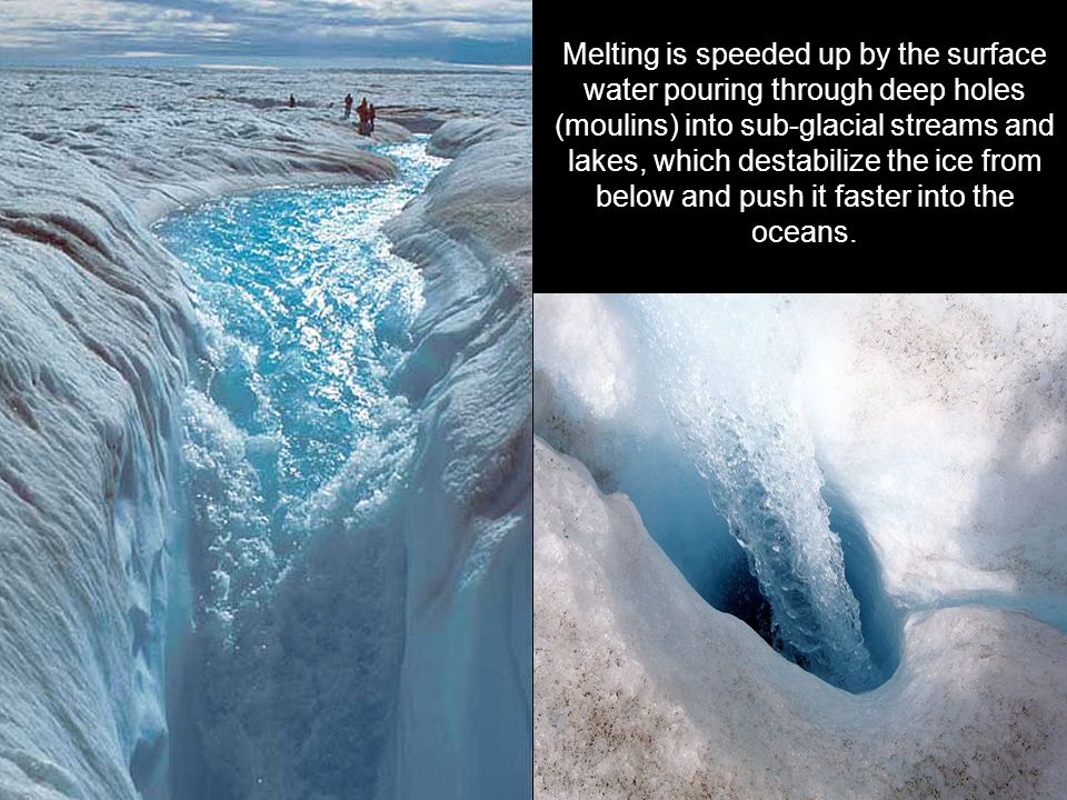 Melting is speeded up by the surface water pouring through deep holes (moulins) into sub-glacial streams and lakes, which destabilize the ice from below and push it faster into the oceans.