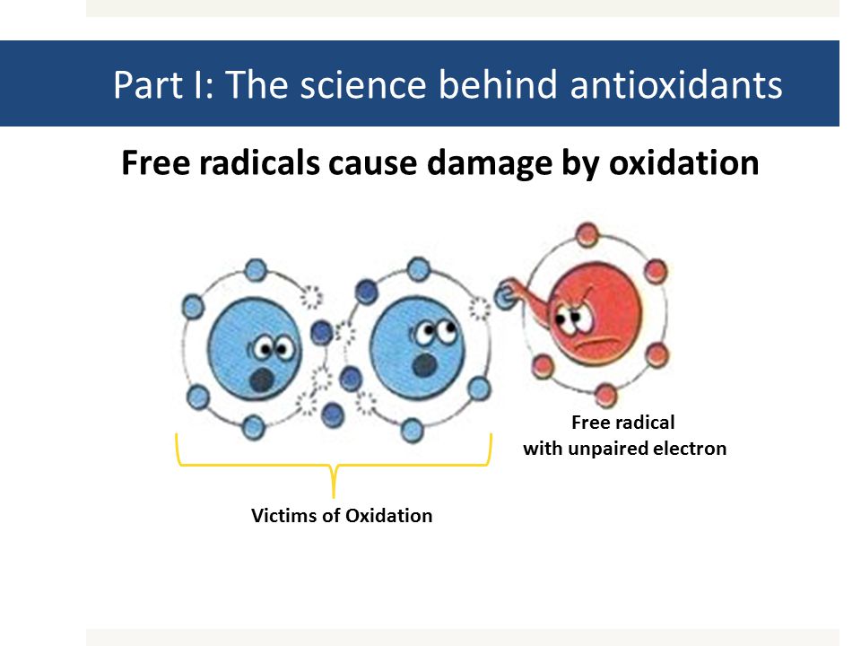 Victims of Oxidation Part I: The science behind antioxidants Free radical with unpaired electron Free radicals cause damage by oxidation