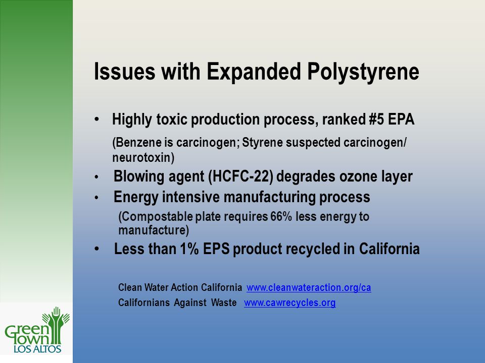 Issues with Expanded Polystyrene Highly toxic production process, ranked #5 EPA (Benzene is carcinogen; Styrene suspected carcinogen/ neurotoxin) Blowing agent (HCFC-22) degrades ozone layer Energy intensive manufacturing process (Compostable plate requires 66% less energy to manufacture) Less than 1% EPS product recycled in California Clean Water Action California   Californians Against Waste